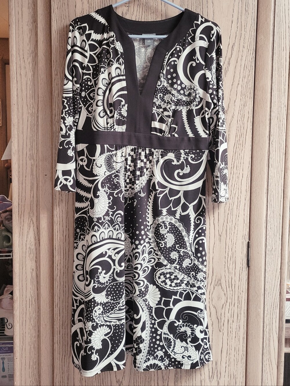 ANN TAYLOR Midi Dress Bold Paisley & Floral Brown Beige Side Zip Empire Waist 10